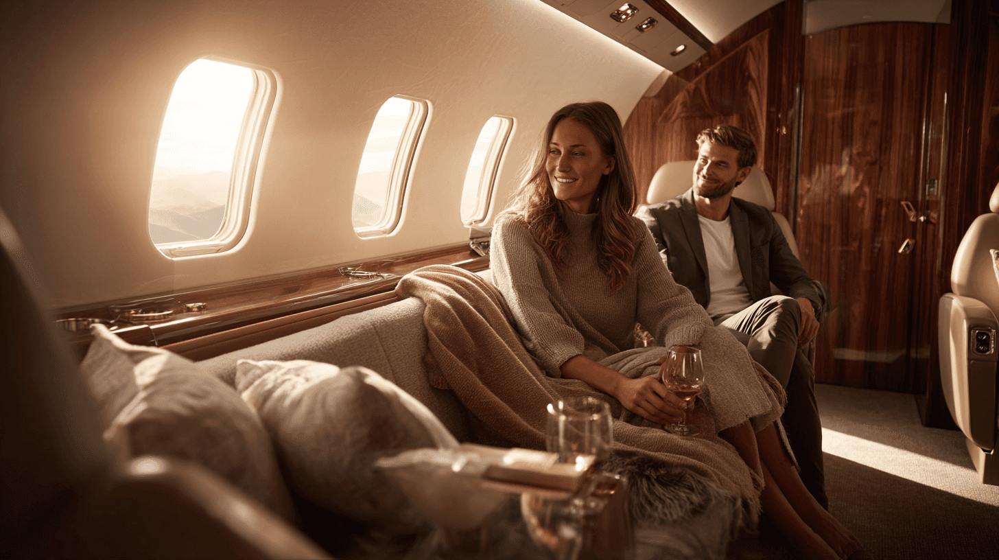 Passengers settled into a private jet cabin
